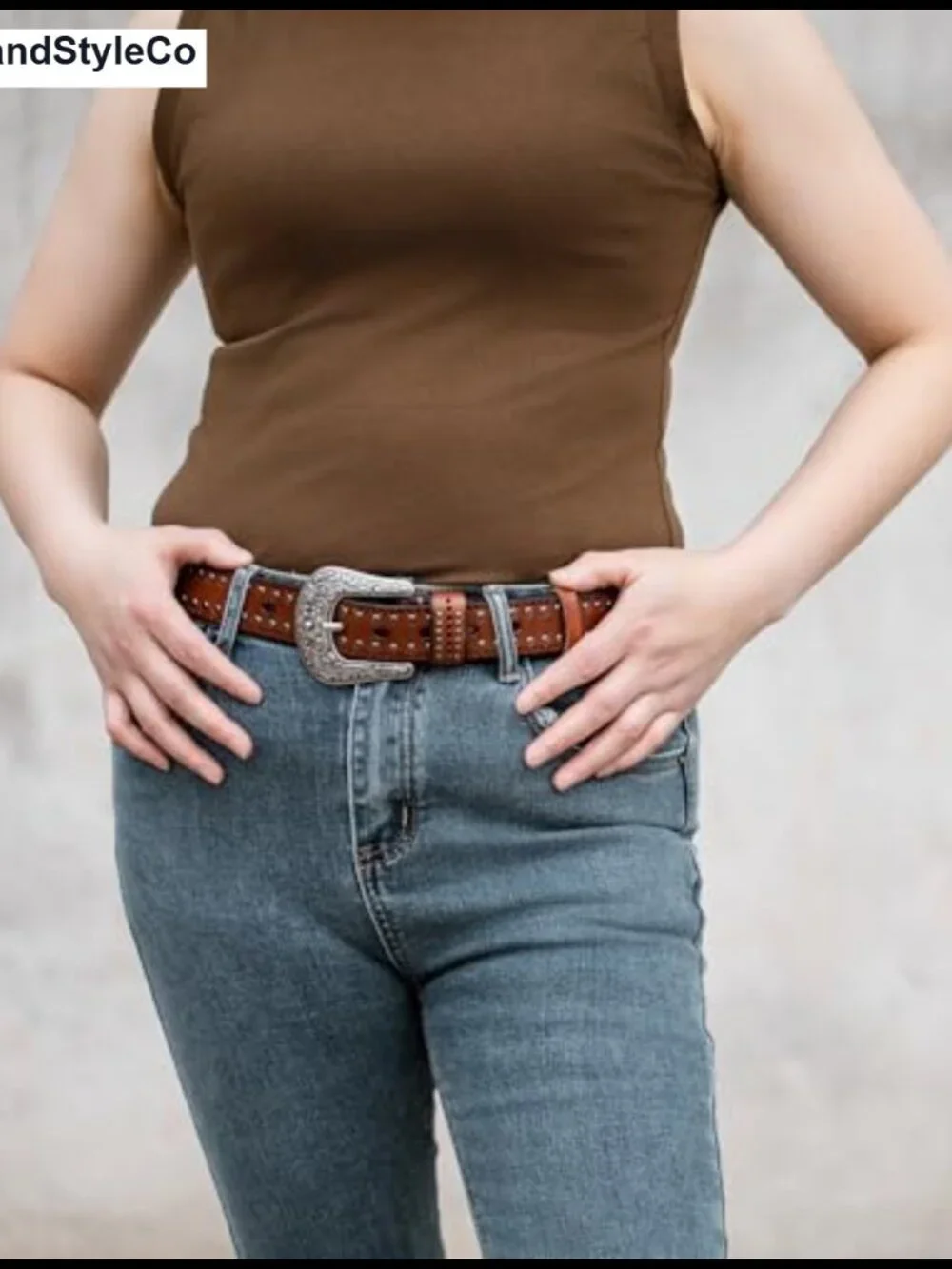 Women's Western Leather Belt Studded Silver Buckle Vintage